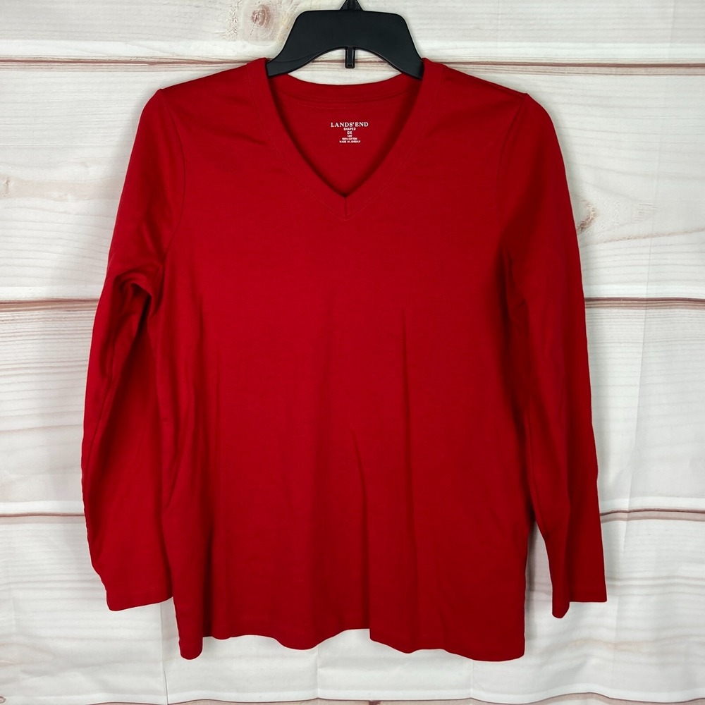 Lands End Top Womens 0X Red V-Neck Shaped T-Shirt Long Sleeve Cotton Solid Knit